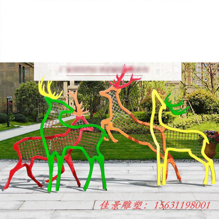 公园动物摆件，不锈钢网格鹿雕塑