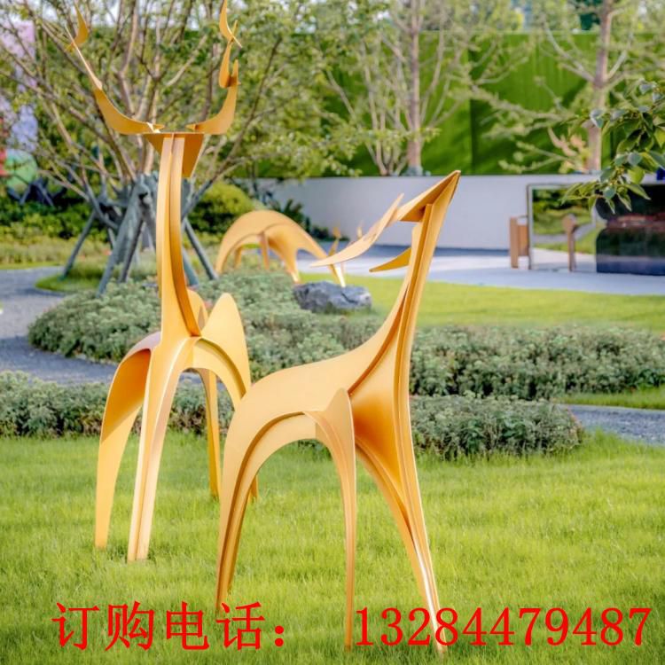 不锈钢几何抽象梅花鹿动物雕塑