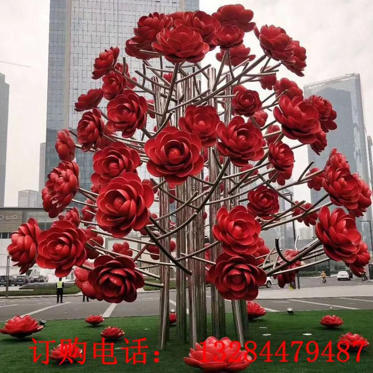 大型不锈钢玫瑰花树雕塑