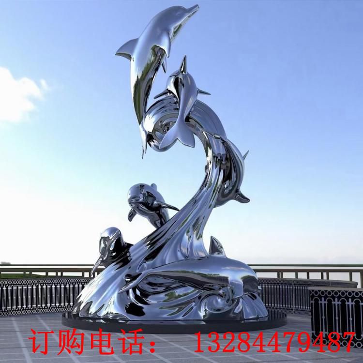 大型不锈钢镜面海豚动物雕塑