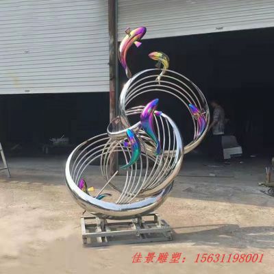 不锈钢圆环鱼群造型雕塑