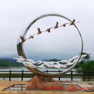 不锈钢抽象圆环鱼群雕塑
