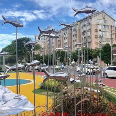 不锈钢公园镜面鱼群雕塑