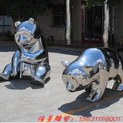 广场动物不锈钢镜面熊猫雕塑