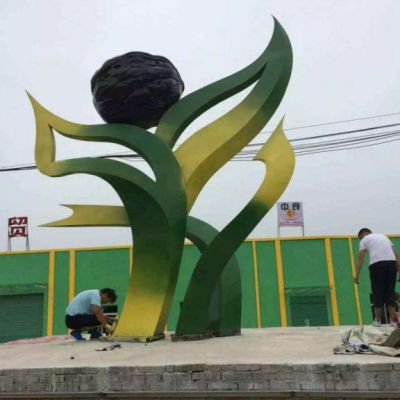 广场景观标志不锈钢绿叶核桃雕塑