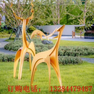 不锈钢几何抽象梅花鹿动物雕塑