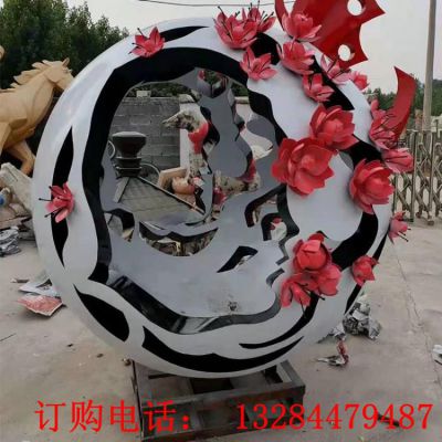 大型不锈钢镂空海棠花圆球雕塑