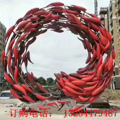 大型不锈钢鱼群圆环雕塑