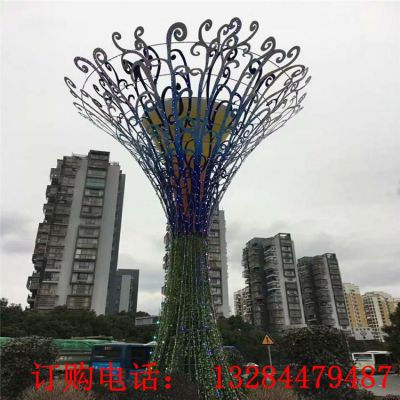 大型不锈钢廊架异型树雕塑