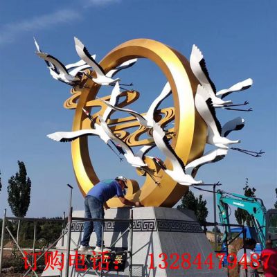 不锈钢飞鹤圆环祥云雕塑