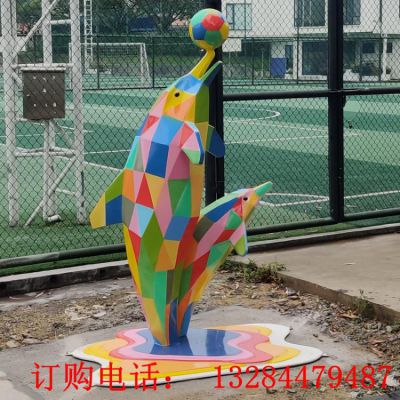 不锈钢切片海豚顶球雕塑