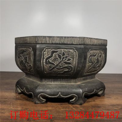 青石案头暗八仙石盆石雕