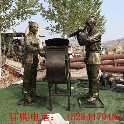 铸铜农耕文化打谷子雕塑