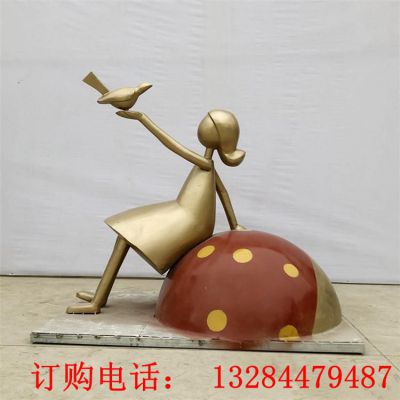 铸铜小女孩逗鸟雕塑