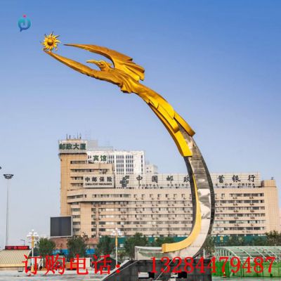 大型不锈钢乌鸦追日雕塑
