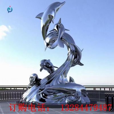 不锈钢镜面海豚水景雕塑