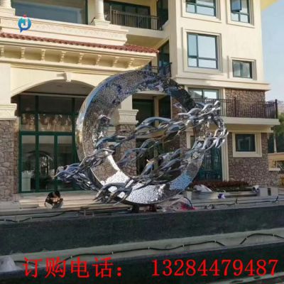 不锈钢圆环鱼群水景雕塑