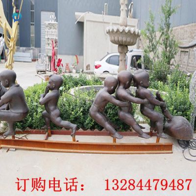 铸铜儿童拔萝卜雕塑