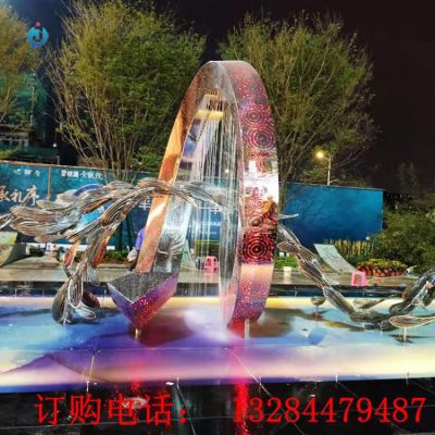 不锈钢水幕鱼群雕塑