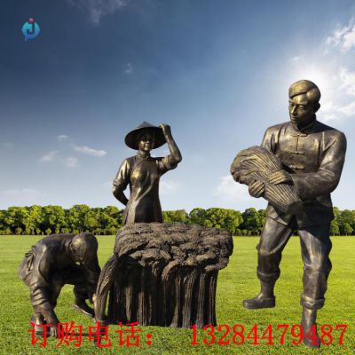 铸铜人物割麦子雕塑