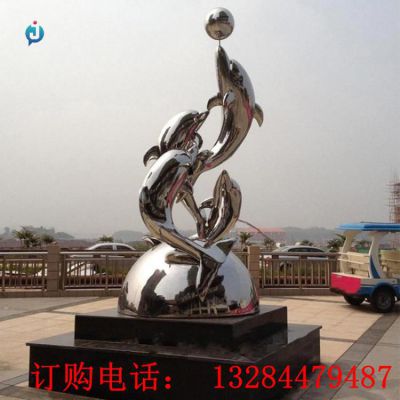 不锈钢海豚顶球雕塑