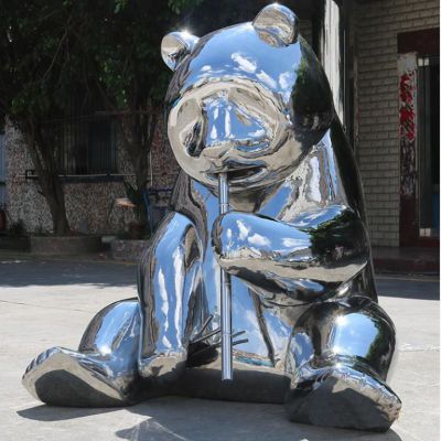 不锈钢公园抽象熊猫雕塑