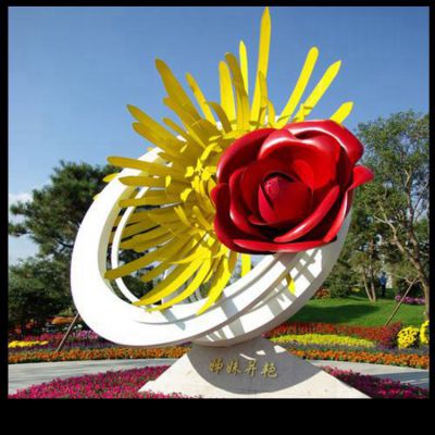 不锈钢园林景观玫瑰花和菊花雕塑