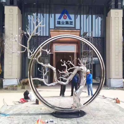 不锈钢景区镜面抽象圆环树枝雕塑