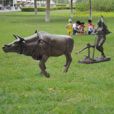 农耕古人耙地标志铜雕