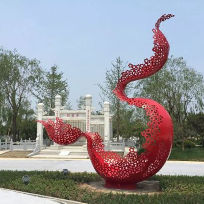 不锈钢红色彩带标志雕塑